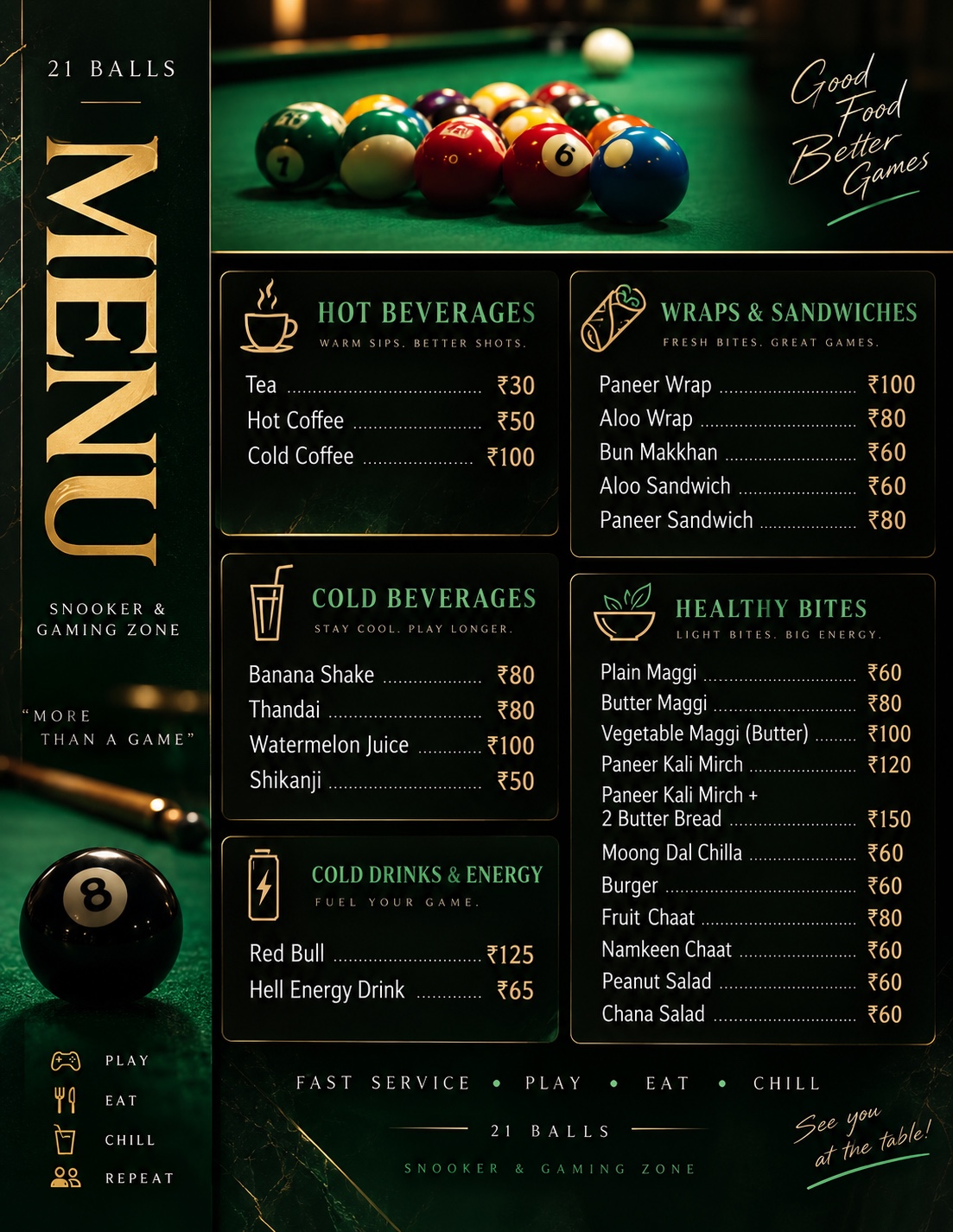 21 Balls Snooker and Gaming Club canteen menu in Meerut with food, beverages and prices