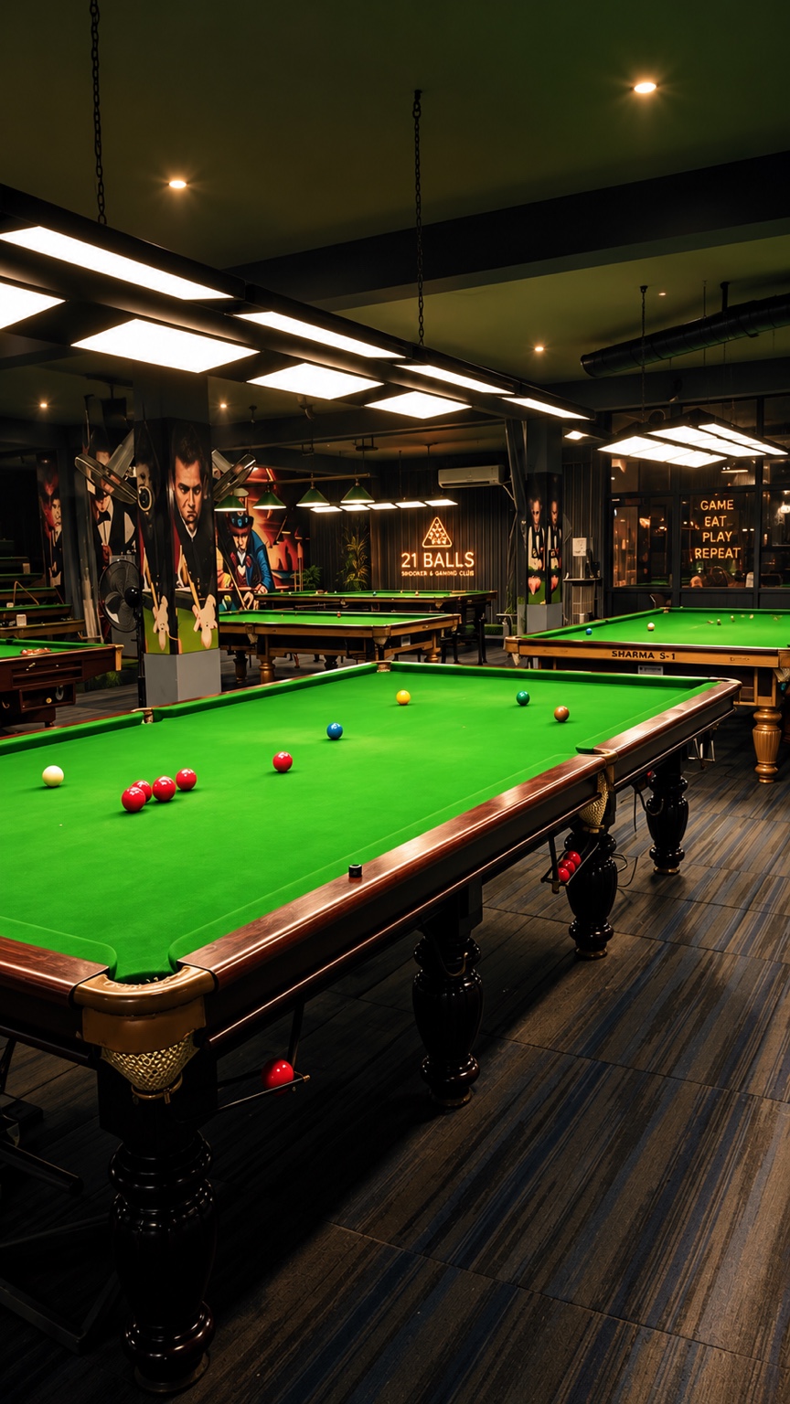 Interior of 21 Balls Snooker and Gaming Club in Meerut with multiple snooker tables